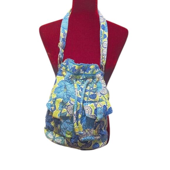 Vwra Bradley Blue Doodle Floral Drawstring Bucket Purse - Picture 1 of 5